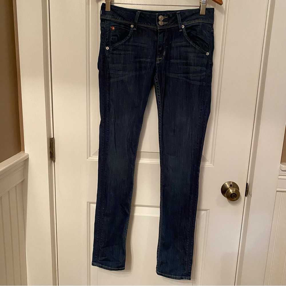 HUDSON JEANS AZUR BLUE DENIM FLAP POCKETS SKINNY WHISKERS SIZE 27